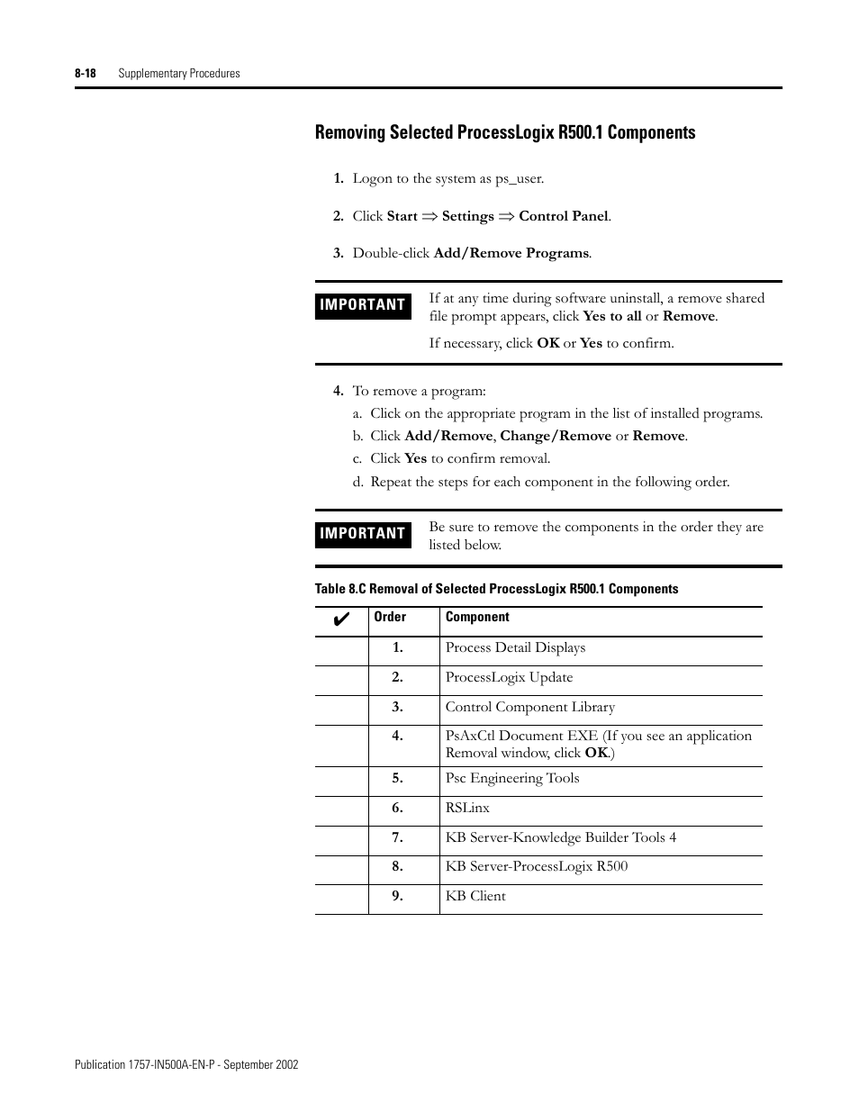 Removing selected processlogix r500.1 components | Rockwell Automation 1757-SWKIT5000 ProcessLogix R500.1 Installation and Upgrade Guide User Manual | Page 216 / 273