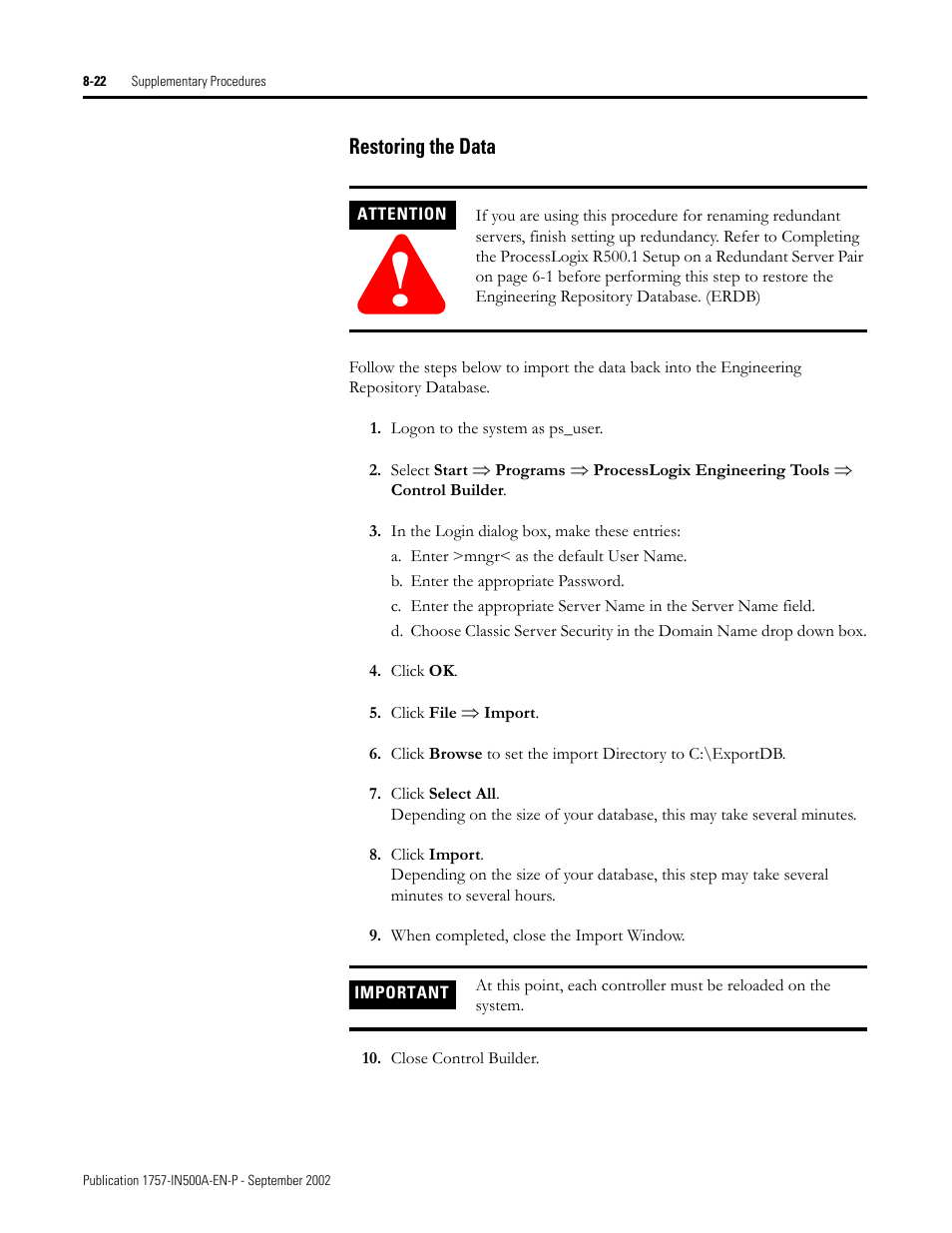 Restoring the data, Restoring the data -22 | Rockwell Automation 1757-SWKIT5000 ProcessLogix R500.1 Installation and Upgrade Guide User Manual | Page 220 / 273