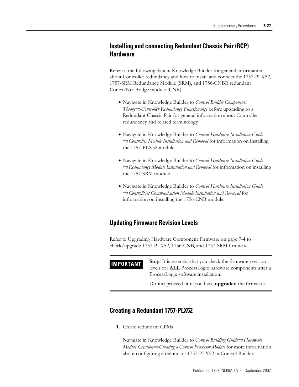 Updating firmware revision levels, Creating a redundant 1757-plx52 | Rockwell Automation 1757-SWKIT5000 ProcessLogix R500.1 Installation and Upgrade Guide User Manual | Page 225 / 273