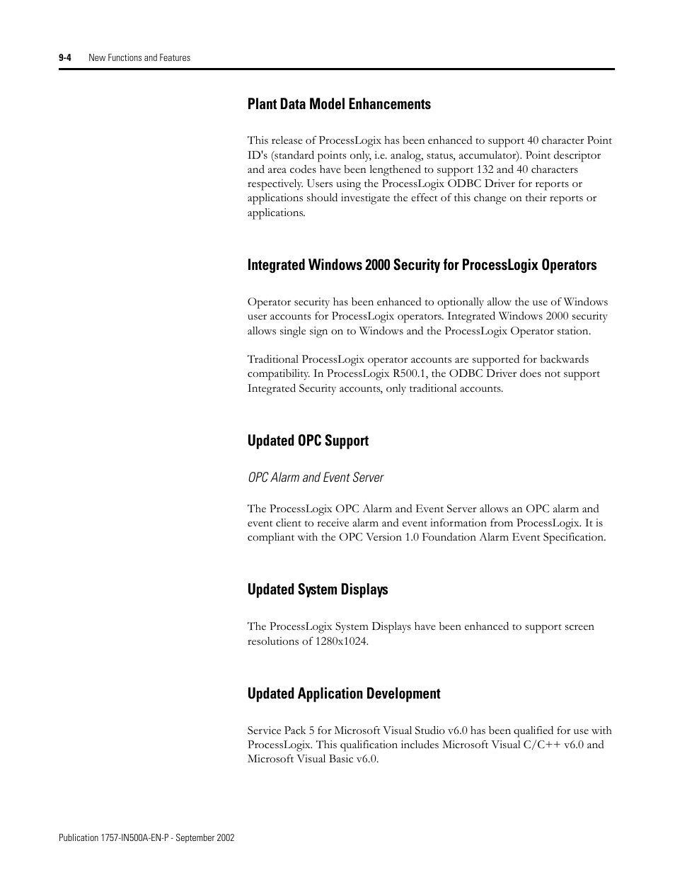 Plant data model enhancements, Updated opc support, Opc alarm and event server | Updated system displays, Updated application development, Opc alarm and event server -4 | Rockwell Automation 1757-SWKIT5000 ProcessLogix R500.1 Installation and Upgrade Guide User Manual | Page 230 / 273