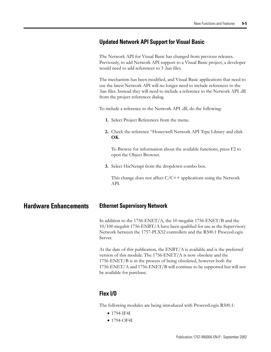 Updated network api support for visual basic, Hardware enhancements, Ethernet supervisory network | Flex i/o, Updated network api support for visual basic -5, Hardware enhancements -5, Ethernet supervisory network -5 flex i/o -5 | Rockwell Automation 1757-SWKIT5000 ProcessLogix R500.1 Installation and Upgrade Guide User Manual | Page 231 / 273