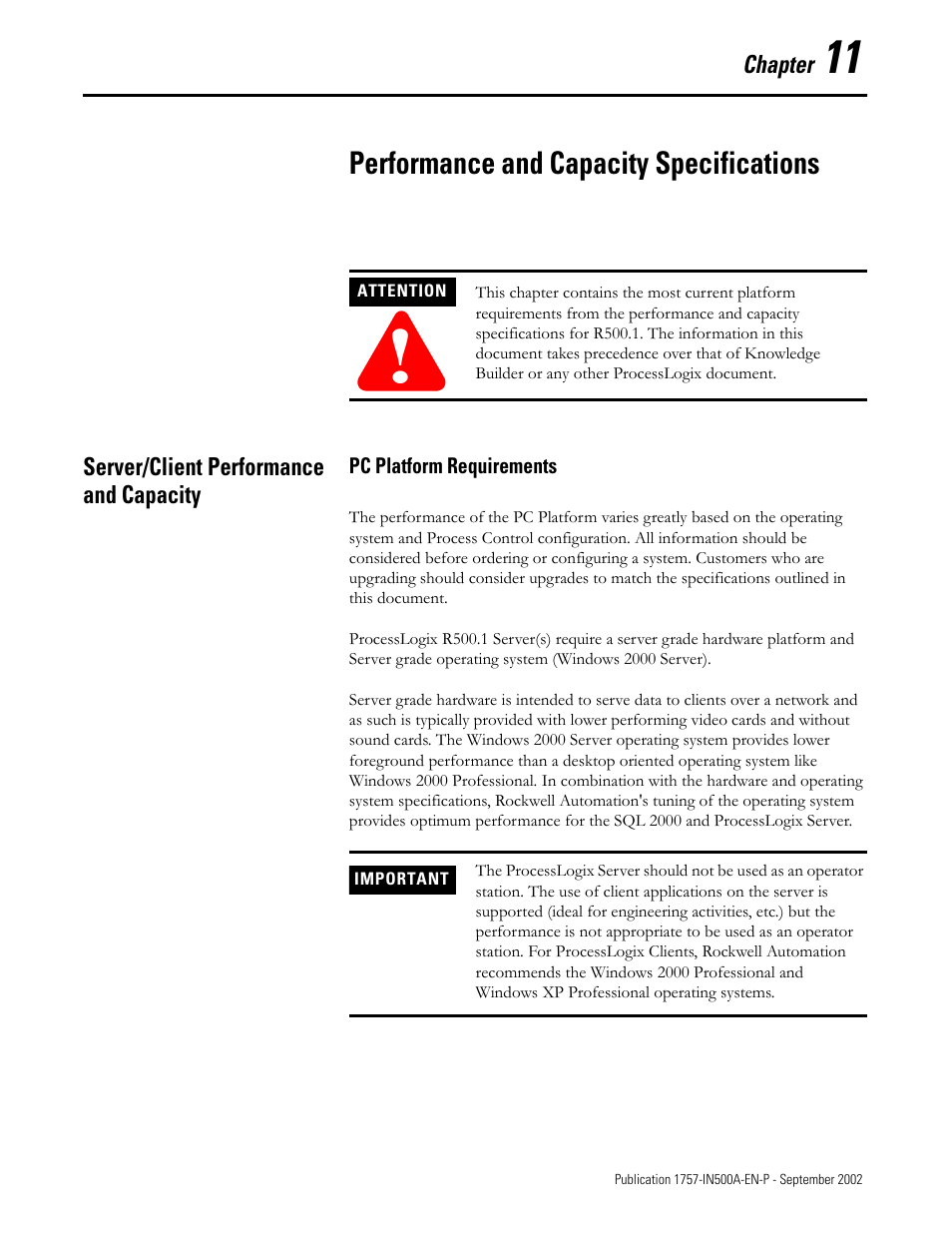 Server/client performance and capacity, Pc platform requirements, Chapter 11 | Performance and capacity specifications, Server/client performance and capacity -1, Pc platform requirements -1 | Rockwell Automation 1757-SWKIT5000 ProcessLogix R500.1 Installation and Upgrade Guide User Manual | Page 241 / 273