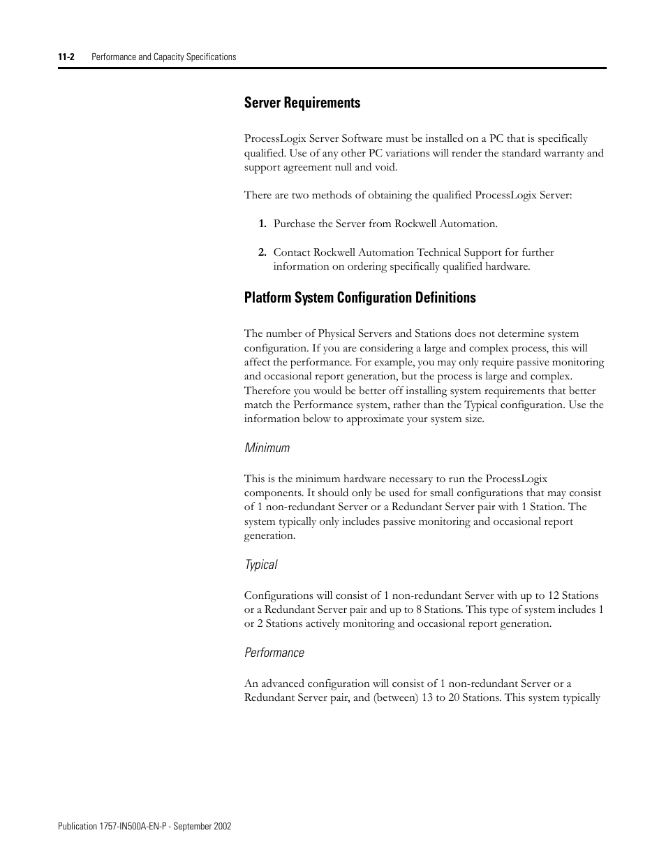 Server requirements, Platform system configuration definitions, Minimum | Typical, Performance, Minimum -2 typical -2, Performance -2 | Rockwell Automation 1757-SWKIT5000 ProcessLogix R500.1 Installation and Upgrade Guide User Manual | Page 242 / 273