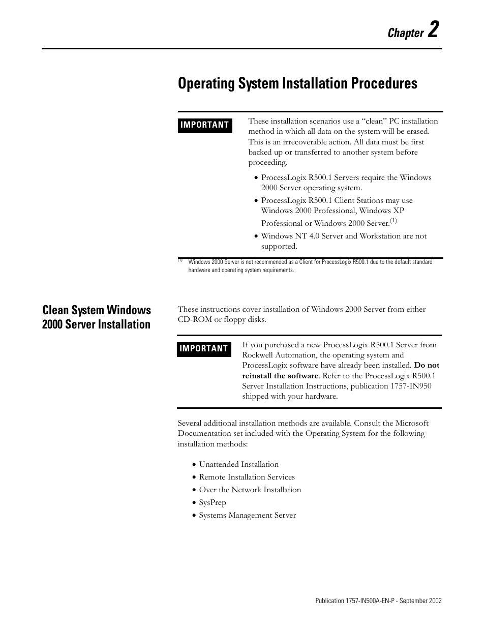 Clean system windows 2000 server installation, Chapter 2, Operating system installation procedures | Clean system windows 2000 server installation -1, Chapter | Rockwell Automation 1757-SWKIT5000 ProcessLogix R500.1 Installation and Upgrade Guide User Manual | Page 25 / 273