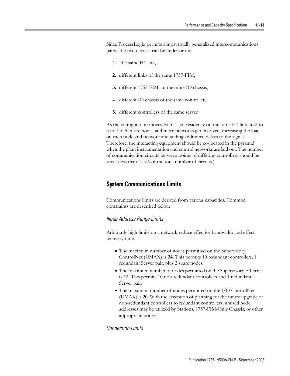 System communications limits, Node address range limits, Connection limits | System communications limits -13 | Rockwell Automation 1757-SWKIT5000 ProcessLogix R500.1 Installation and Upgrade Guide User Manual | Page 253 / 273