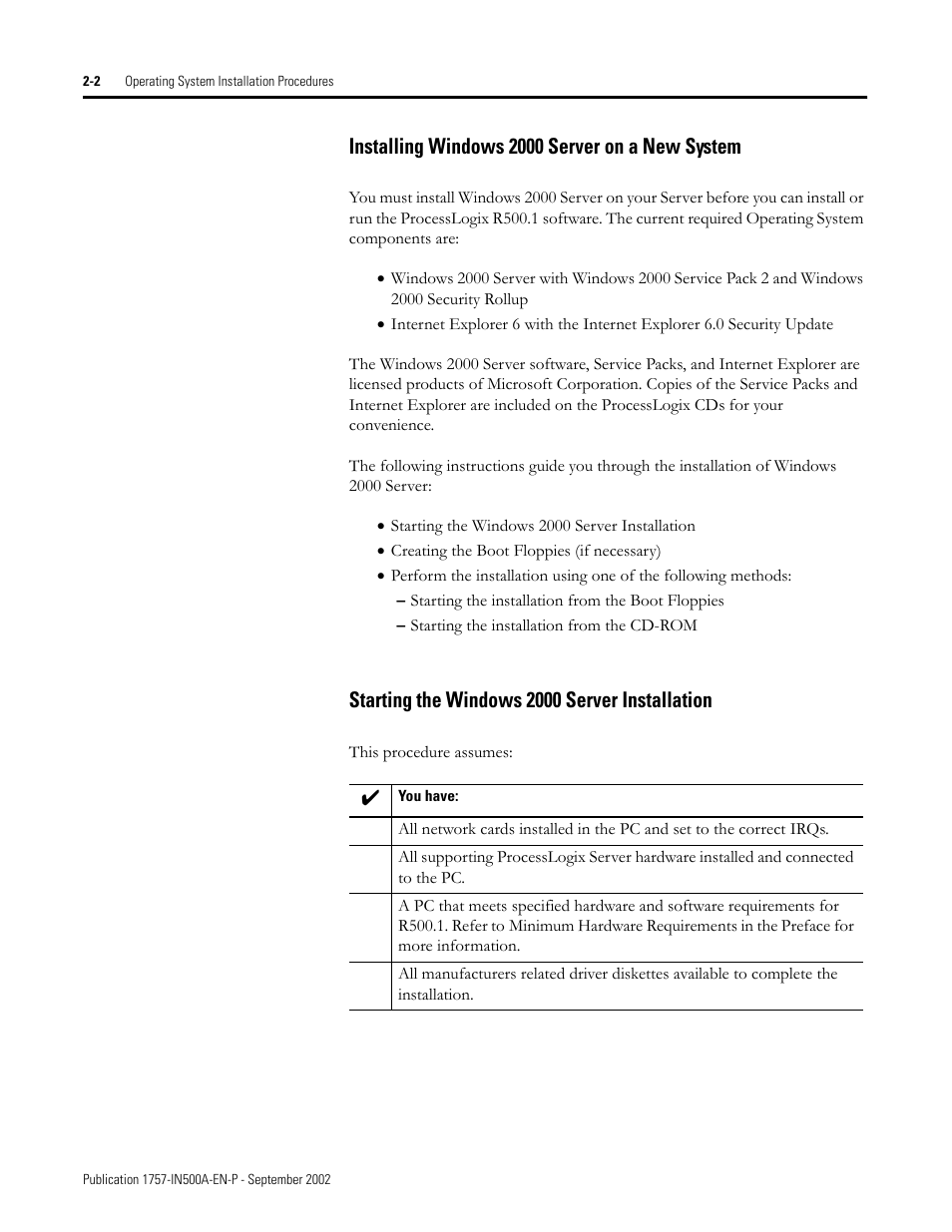 Installing windows 2000 server on a new system, Starting the windows 2000 server installation | Rockwell Automation 1757-SWKIT5000 ProcessLogix R500.1 Installation and Upgrade Guide User Manual | Page 26 / 273