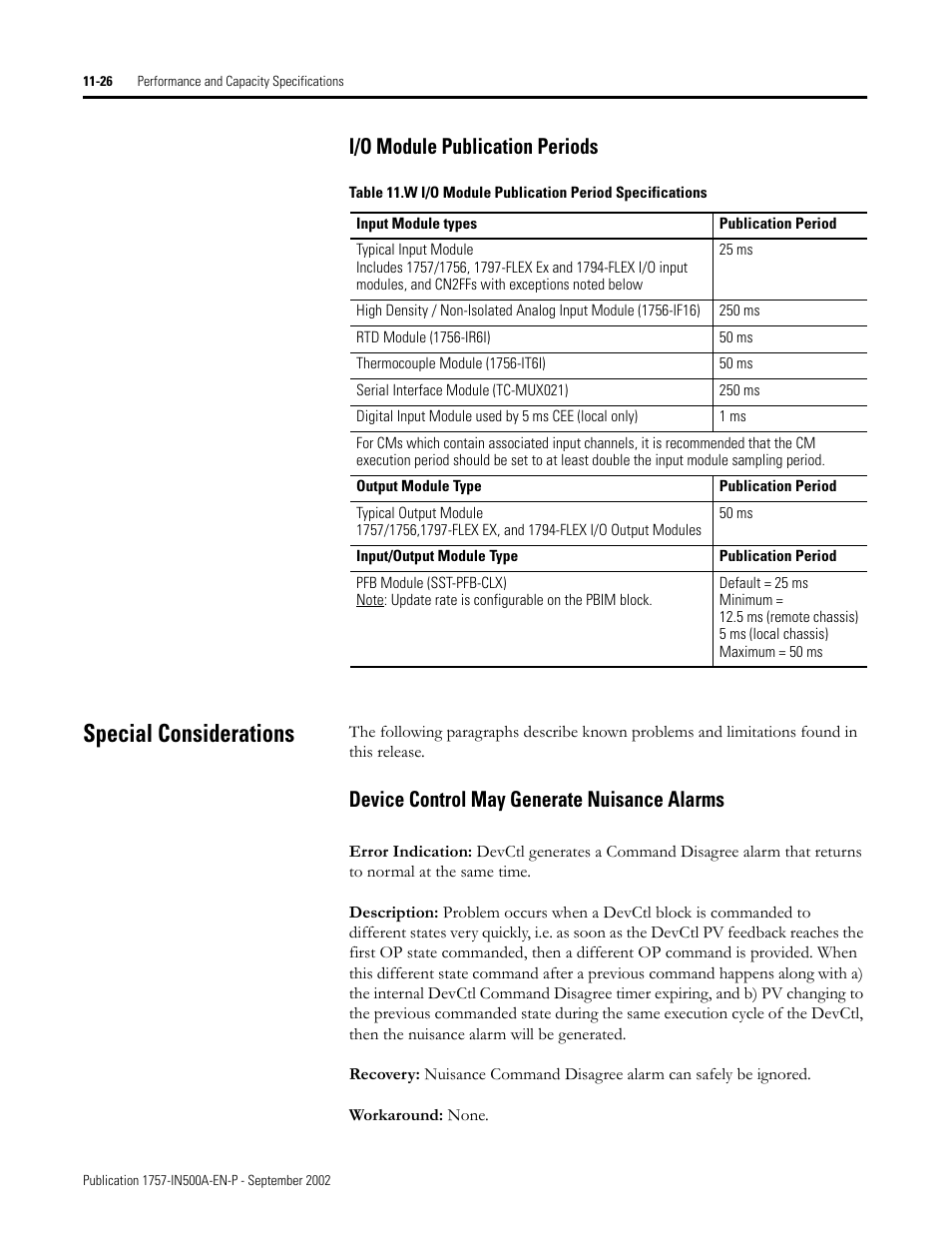 I/o module publication periods, Special considerations, Device control may generate nuisance alarms | I/o module publication periods -26, Special considerations -26, Device control may generate nuisance alarms -26 | Rockwell Automation 1757-SWKIT5000 ProcessLogix R500.1 Installation and Upgrade Guide User Manual | Page 266 / 273