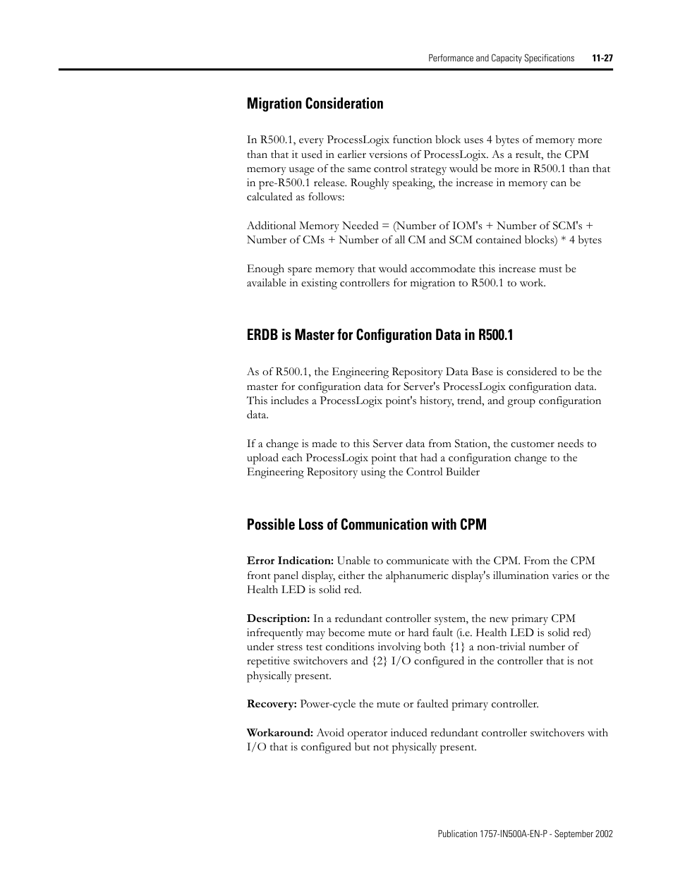 Migration consideration, Erdb is master for configuration data in r500.1, Possible loss of communication with cpm | Rockwell Automation 1757-SWKIT5000 ProcessLogix R500.1 Installation and Upgrade Guide User Manual | Page 267 / 273