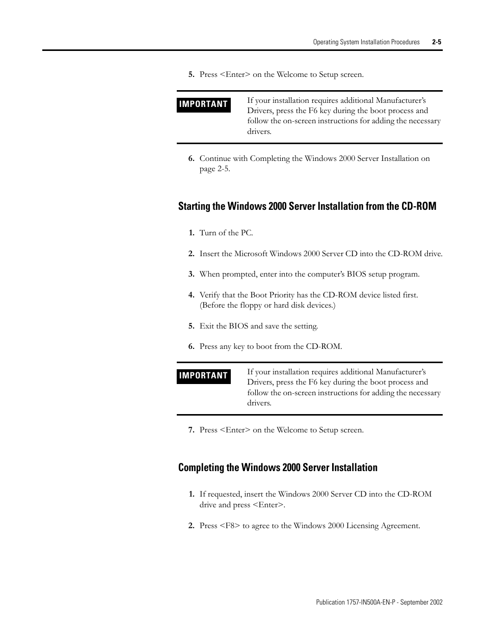 Completing the windows 2000 server installation | Rockwell Automation 1757-SWKIT5000 ProcessLogix R500.1 Installation and Upgrade Guide User Manual | Page 29 / 273