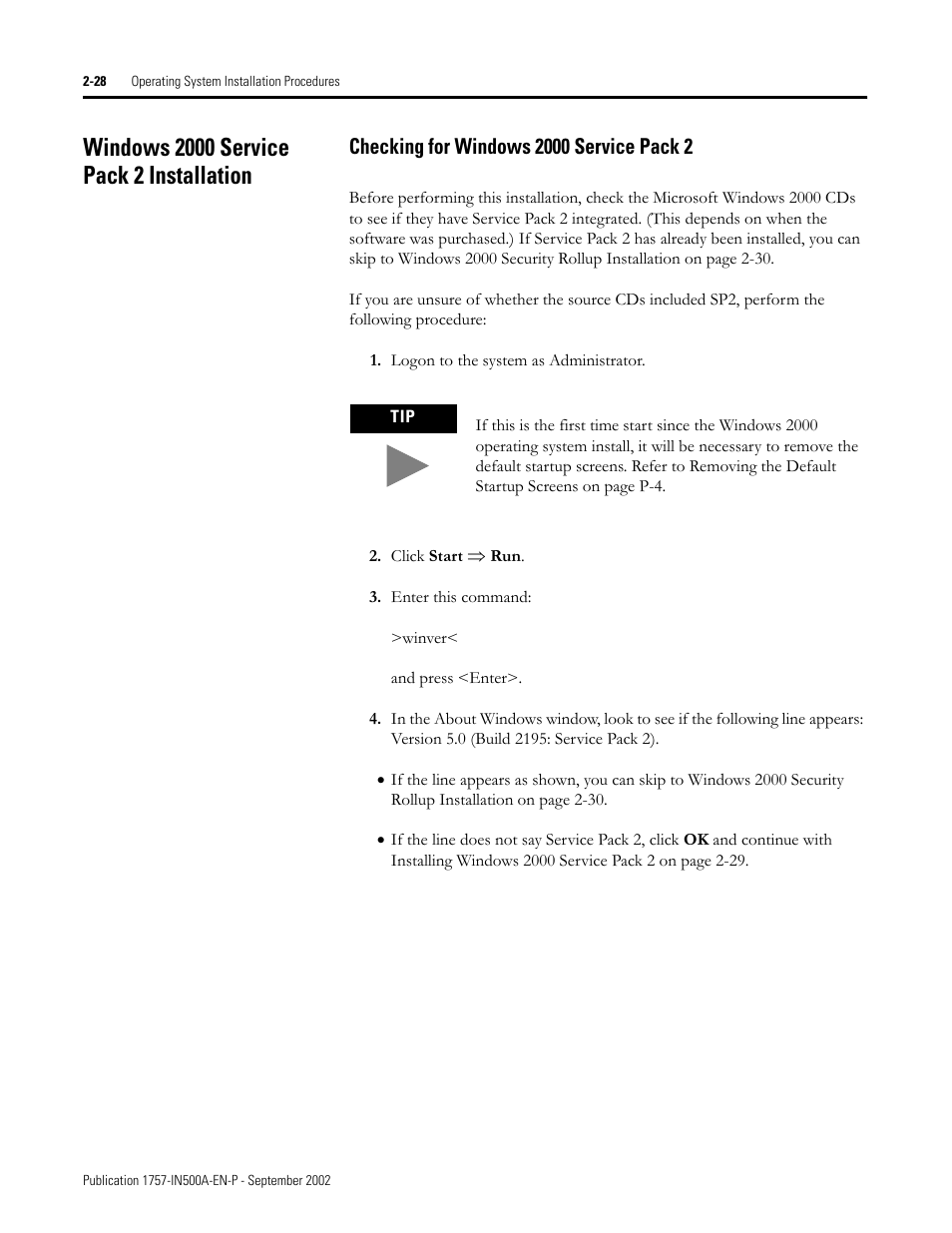 Windows 2000 service pack 2 installation, Checking for windows 2000 service pack 2, Windows 2000 service pack 2 installation -28 | Checking for windows 2000 service pack 2 -28 | Rockwell Automation 1757-SWKIT5000 ProcessLogix R500.1 Installation and Upgrade Guide User Manual | Page 52 / 273