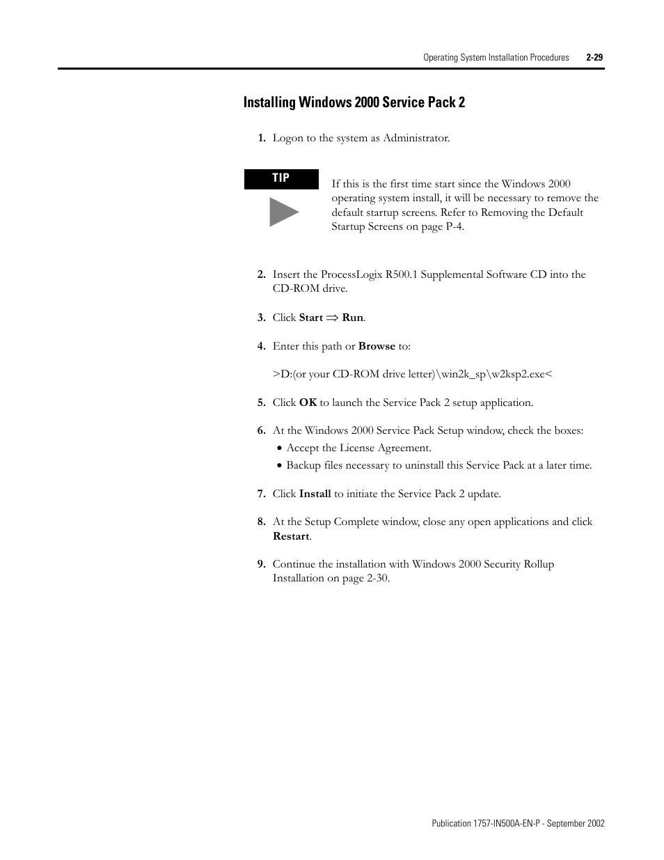 Installing windows 2000 service pack 2, Installing windows 2000 service pack 2 -29 | Rockwell Automation 1757-SWKIT5000 ProcessLogix R500.1 Installation and Upgrade Guide User Manual | Page 53 / 273