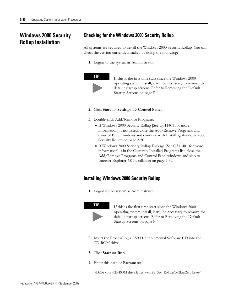 Windows 2000 security rollup installation, Checking for the windows 2000 security rollup, Installing windows 2000 security rollup | Windows 2000 security rollup installation -30, Skip to windows 2000 security | Rockwell Automation 1757-SWKIT5000 ProcessLogix R500.1 Installation and Upgrade Guide User Manual | Page 54 / 273