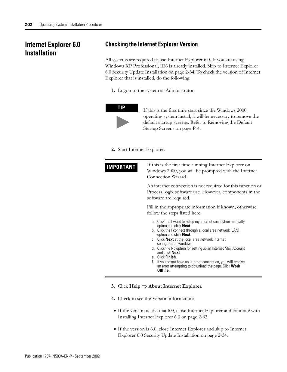 Internet explorer 6.0 installation, Checking the internet explorer version, Internet explorer 6.0 installation -32 | Checking the internet explorer version -32 | Rockwell Automation 1757-SWKIT5000 ProcessLogix R500.1 Installation and Upgrade Guide User Manual | Page 56 / 273