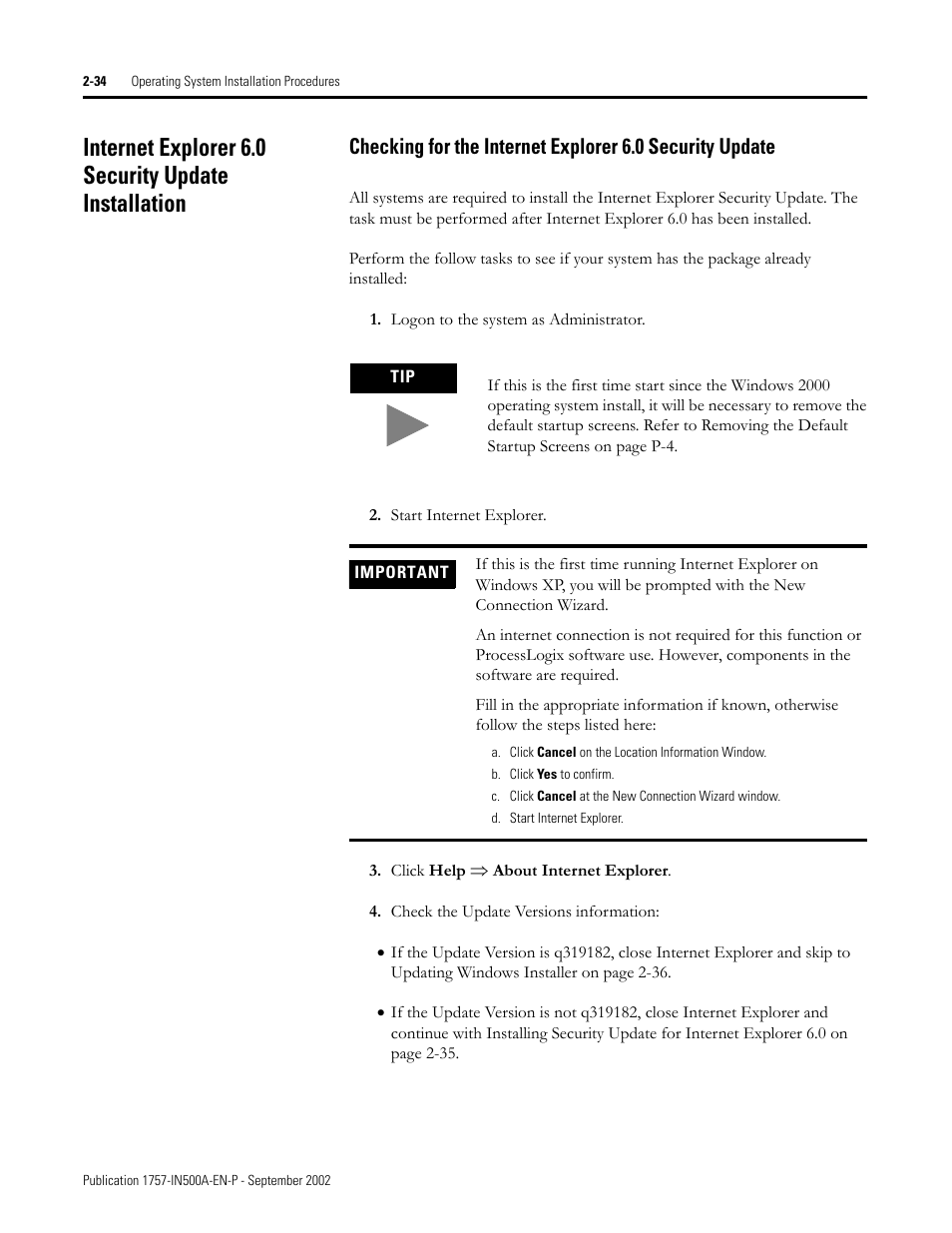 Internet explorer 6.0 security update installation, Internet | Rockwell Automation 1757-SWKIT5000 ProcessLogix R500.1 Installation and Upgrade Guide User Manual | Page 58 / 273