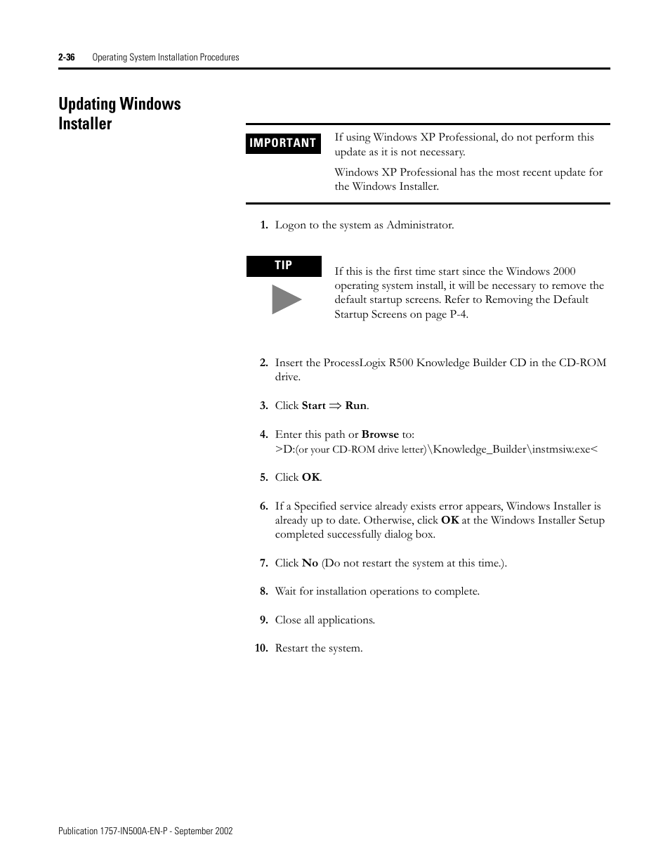 Updating windows installer, Updating windows installer -36 | Rockwell Automation 1757-SWKIT5000 ProcessLogix R500.1 Installation and Upgrade Guide User Manual | Page 60 / 273