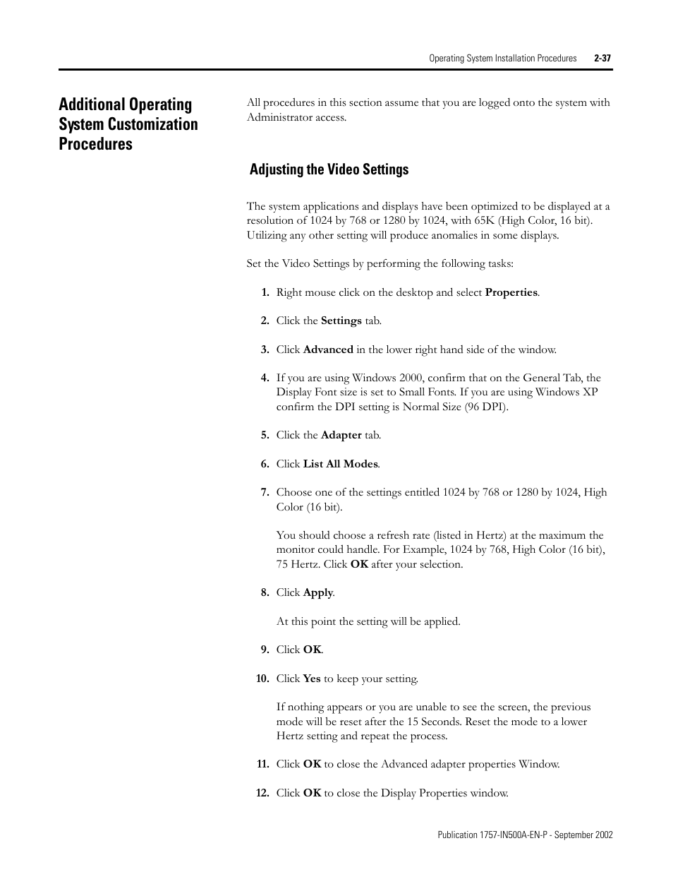 Adjusting the video settings, Adjusting the video settings -37 | Rockwell Automation 1757-SWKIT5000 ProcessLogix R500.1 Installation and Upgrade Guide User Manual | Page 61 / 273