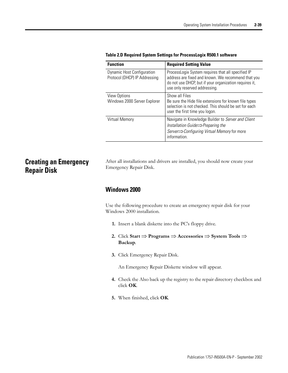 Creating an emergency repair disk, Windows 2000, Creating an emergency repair disk -39 | Windows 2000 -39 | Rockwell Automation 1757-SWKIT5000 ProcessLogix R500.1 Installation and Upgrade Guide User Manual | Page 63 / 273