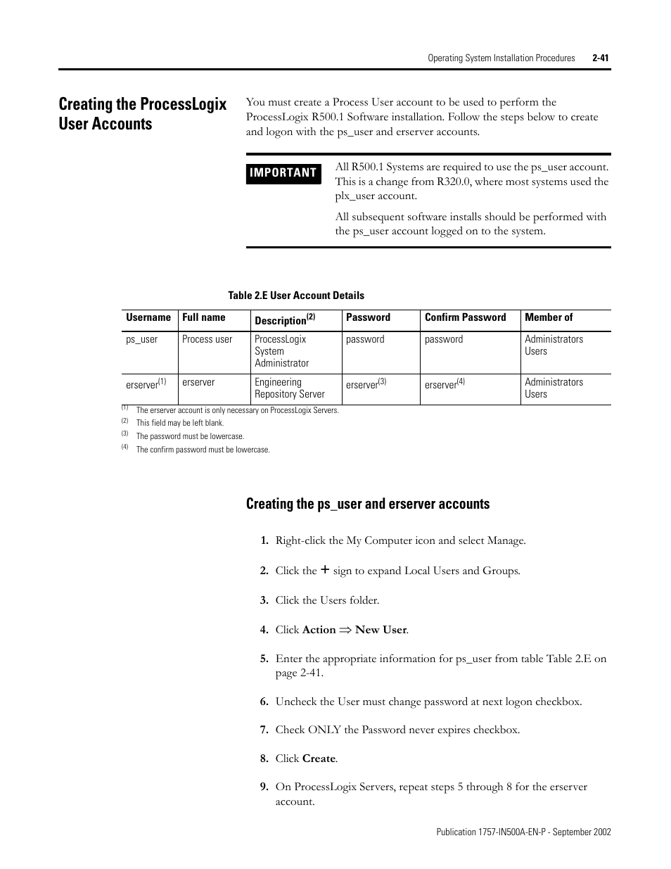 Creating the processlogix user accounts, Creating the ps_user and erserver accounts, Creating the processlogix user accounts -41 | Creating the ps_user and erserver accounts -41 | Rockwell Automation 1757-SWKIT5000 ProcessLogix R500.1 Installation and Upgrade Guide User Manual | Page 65 / 273