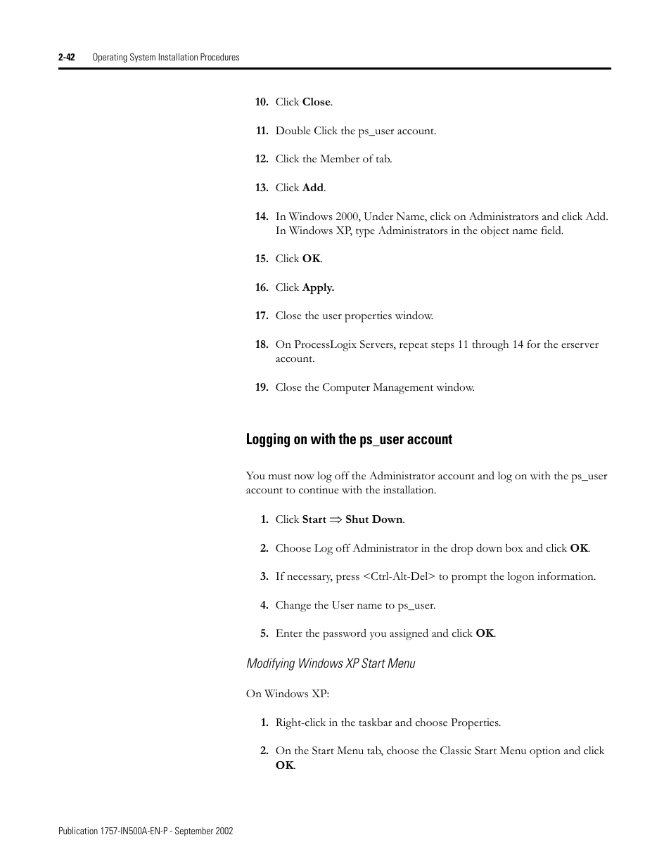 Logging on with the ps_user account, Modifying windows xp start menu, Logging on with the ps_user account -42 | Modifying windows xp start menu -42 | Rockwell Automation 1757-SWKIT5000 ProcessLogix R500.1 Installation and Upgrade Guide User Manual | Page 66 / 273