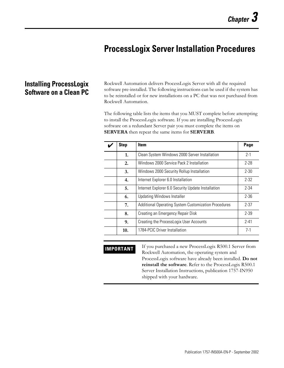 Installing processlogix software on a clean pc, Chapter 3, Processlogix server installation procedures | Installing processlogix software on a clean pc -1, Chapter | Rockwell Automation 1757-SWKIT5000 ProcessLogix R500.1 Installation and Upgrade Guide User Manual | Page 67 / 273