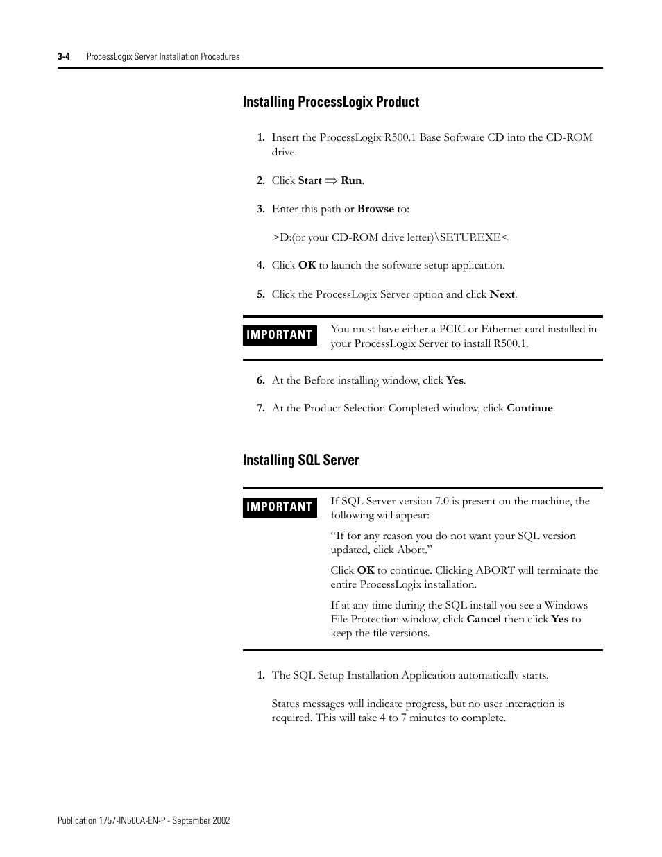 Installing processlogix product, Installing sql server | Rockwell Automation 1757-SWKIT5000 ProcessLogix R500.1 Installation and Upgrade Guide User Manual | Page 70 / 273