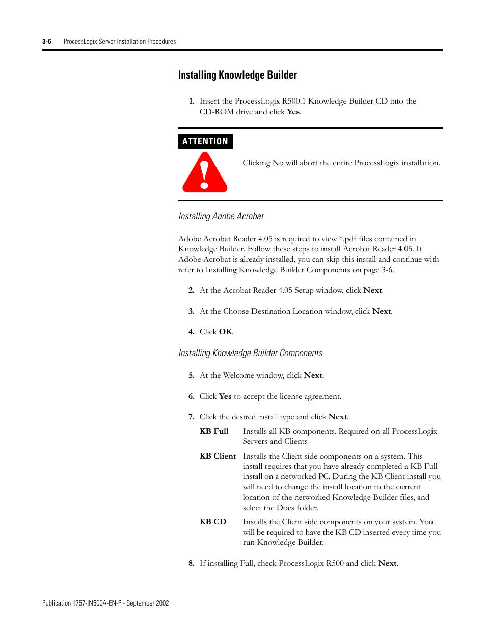 Installing knowledge builder, Installing adobe acrobat, Installing knowledge builder components | Installing knowledge builder -6 | Rockwell Automation 1757-SWKIT5000 ProcessLogix R500.1 Installation and Upgrade Guide User Manual | Page 72 / 273