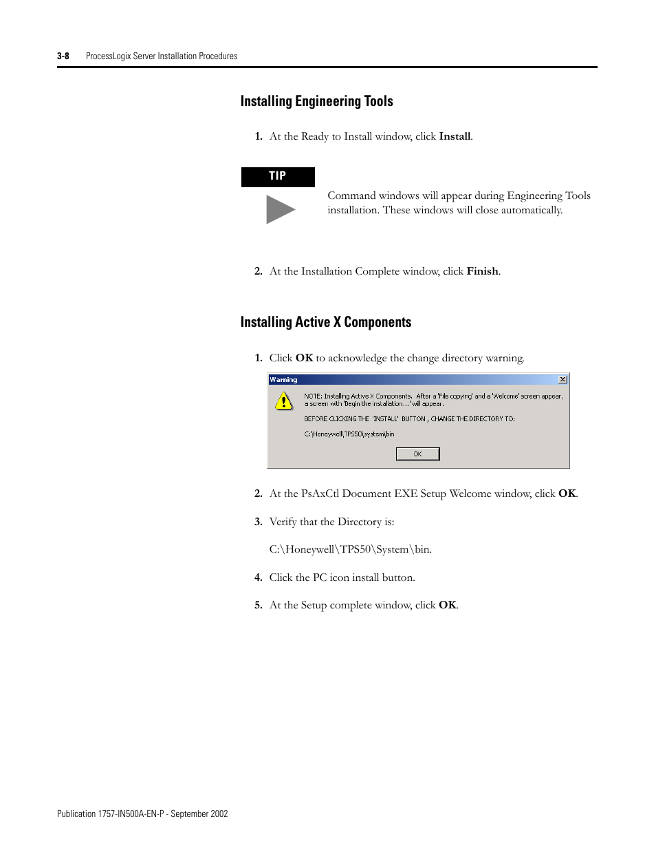 Installing engineering tools, Installing active x components | Rockwell Automation 1757-SWKIT5000 ProcessLogix R500.1 Installation and Upgrade Guide User Manual | Page 74 / 273