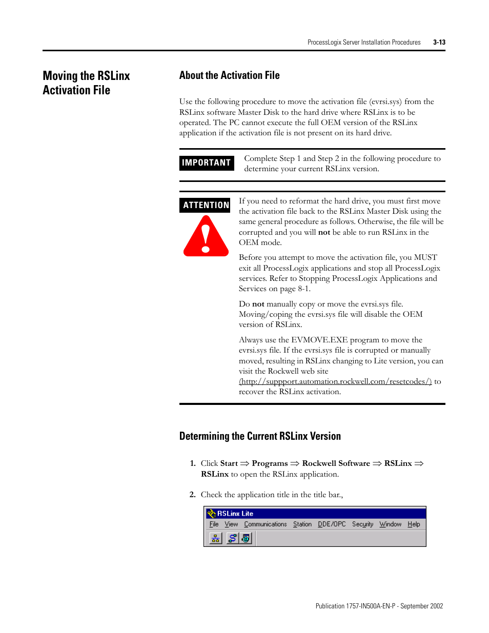 Moving the rslinx activation file, About the activation file, Determining the current rslinx version | Moving the rslinx activation file -13, About the activation file -13, Determining the current rslinx version -13 | Rockwell Automation 1757-SWKIT5000 ProcessLogix R500.1 Installation and Upgrade Guide User Manual | Page 79 / 273