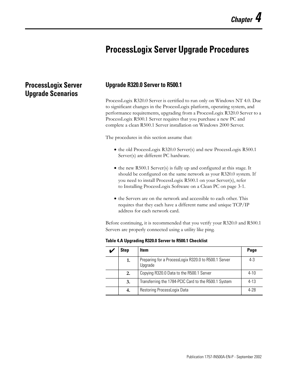 Chapter 4: processlogix server upgrade procedures, Processlogix server upgrade scenarios, Upgrade r320.0 server to r500.1 | Chapter 4, Processlogix server upgrade procedures, Processlogix server upgrade scenarios -1, Upgrade r320.0 server to r500.1 -1, Chapter | Rockwell Automation 1757-SWKIT5000 ProcessLogix R500.1 Installation and Upgrade Guide User Manual | Page 89 / 273