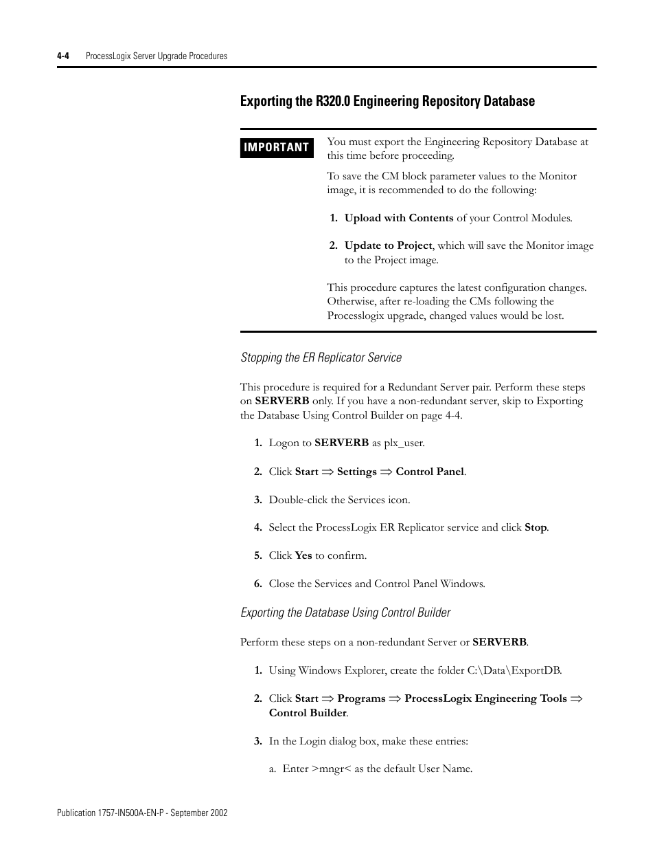 Stopping the er replicator service, Exporting the database using control builder | Rockwell Automation 1757-SWKIT5000 ProcessLogix R500.1 Installation and Upgrade Guide User Manual | Page 92 / 273