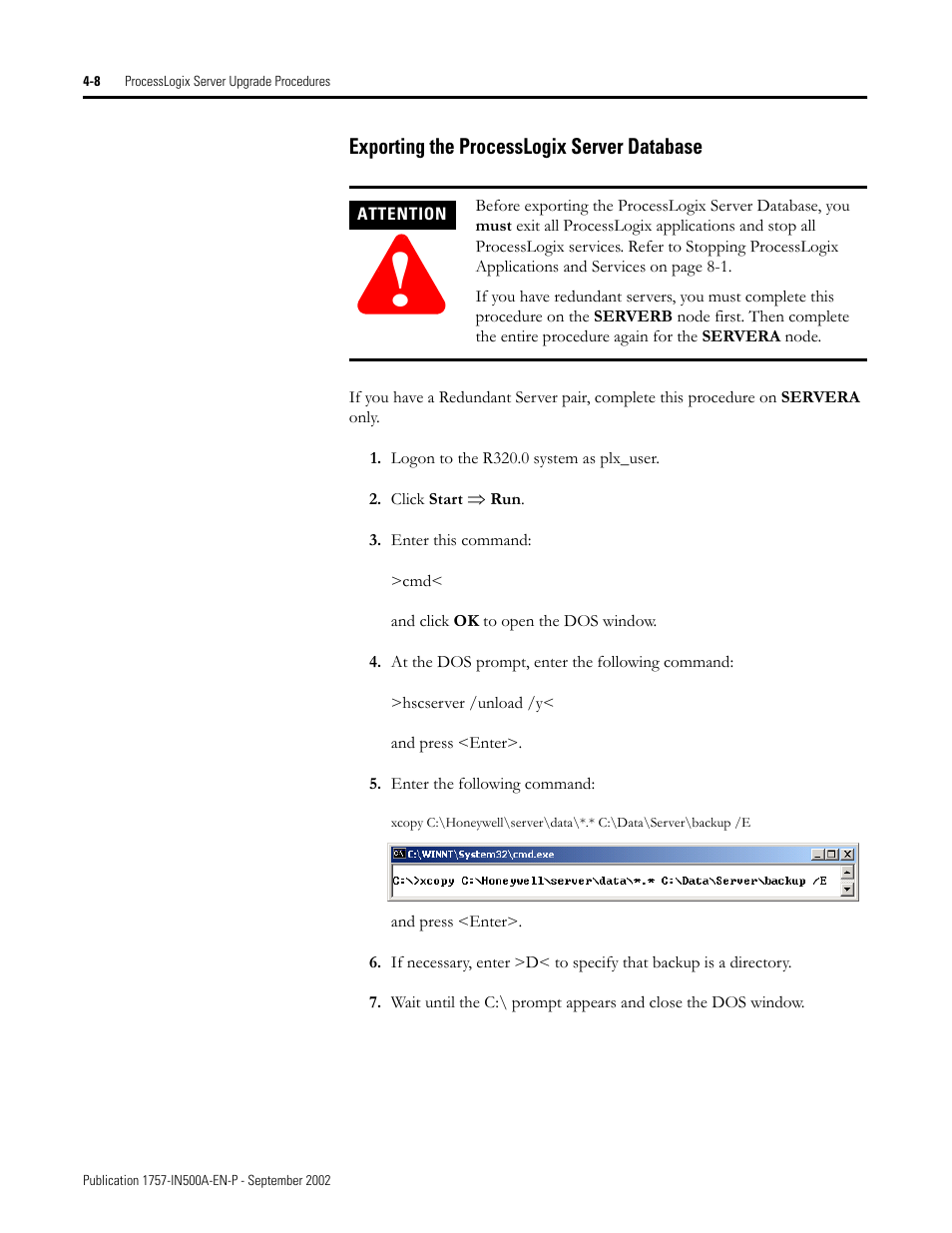 Exporting the processlogix server database, Exporting the processlogix server database -8 | Rockwell Automation 1757-SWKIT5000 ProcessLogix R500.1 Installation and Upgrade Guide User Manual | Page 96 / 273