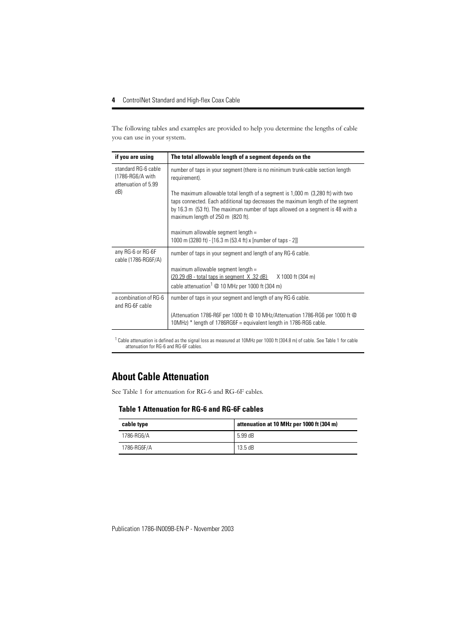 About cable attenuation | Rockwell Automation 1786-RG6F INSTL.INSTR CONTROLNET H-FLEX User Manual | Page 4 / 8