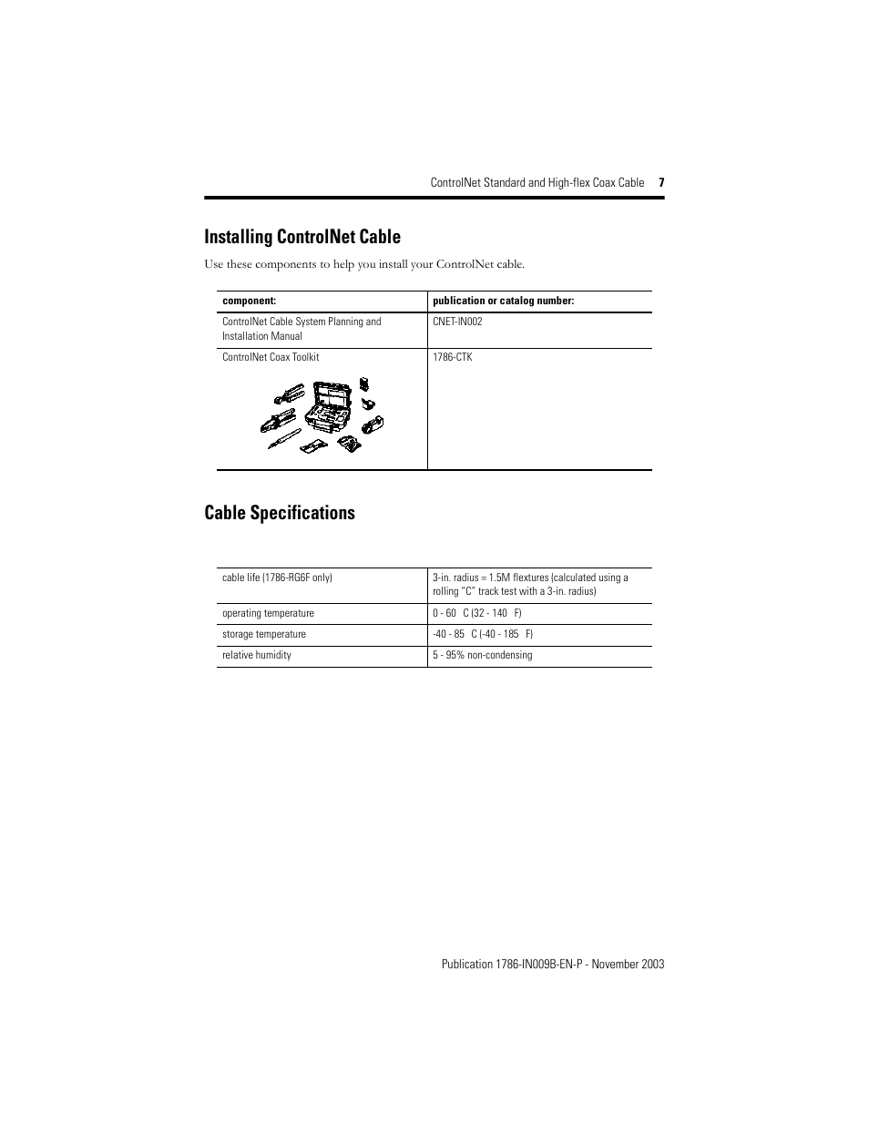 Installing controlnet cable, Cable specifications | Rockwell Automation 1786-RG6F INSTL.INSTR CONTROLNET H-FLEX User Manual | Page 7 / 8