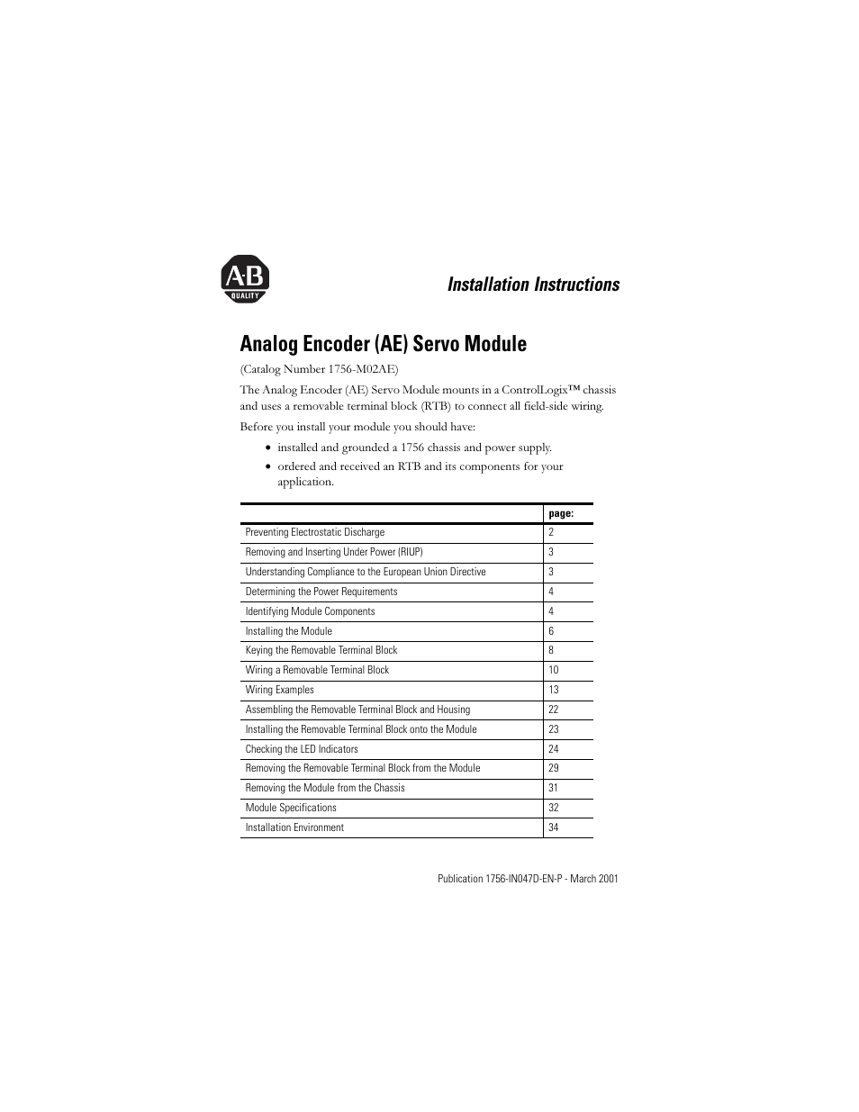 Rockwell Automation 1756-M02AE Analog Encoder (AE) Servo Module Installation Instructions User Manual | 40 pages