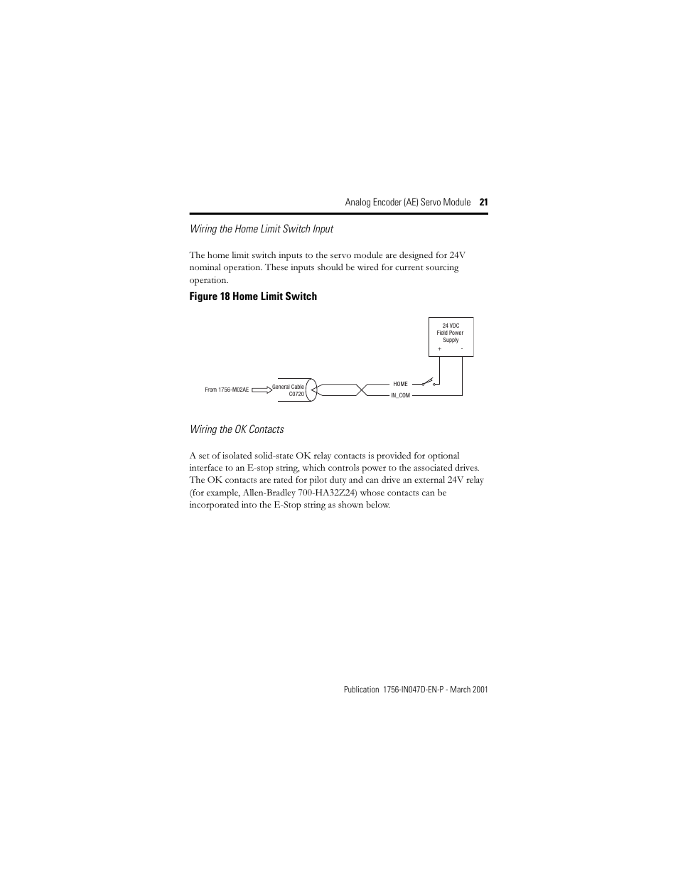 Wiring the home limit switch input, Figure 18 home limit switch wiring the ok contacts, Analog encoder (ae) servo module 21 | Rockwell Automation 1756-M02AE Analog Encoder (AE) Servo Module Installation Instructions User Manual | Page 21 / 40