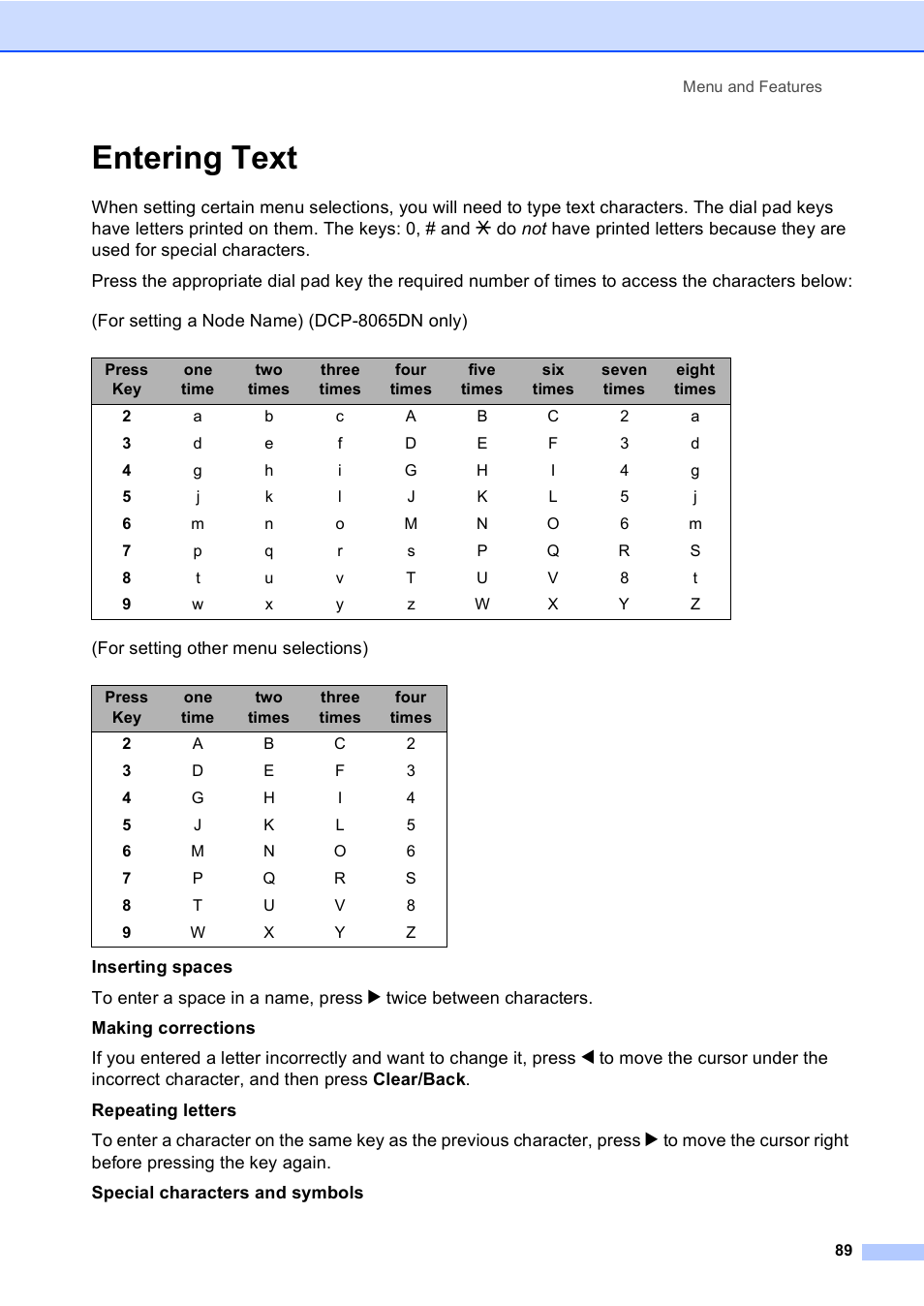 Entering text | Brother DCP 8060 User Manual | Page 101 / 116