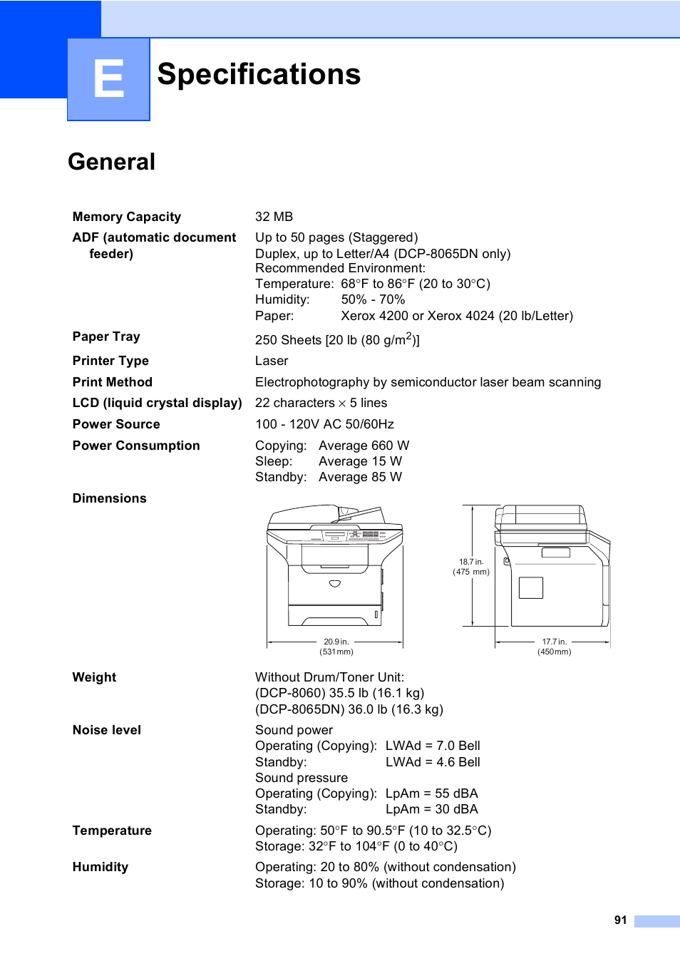 E specifications e, General e, Specifications | General | Brother DCP 8060 User Manual | Page 103 / 116