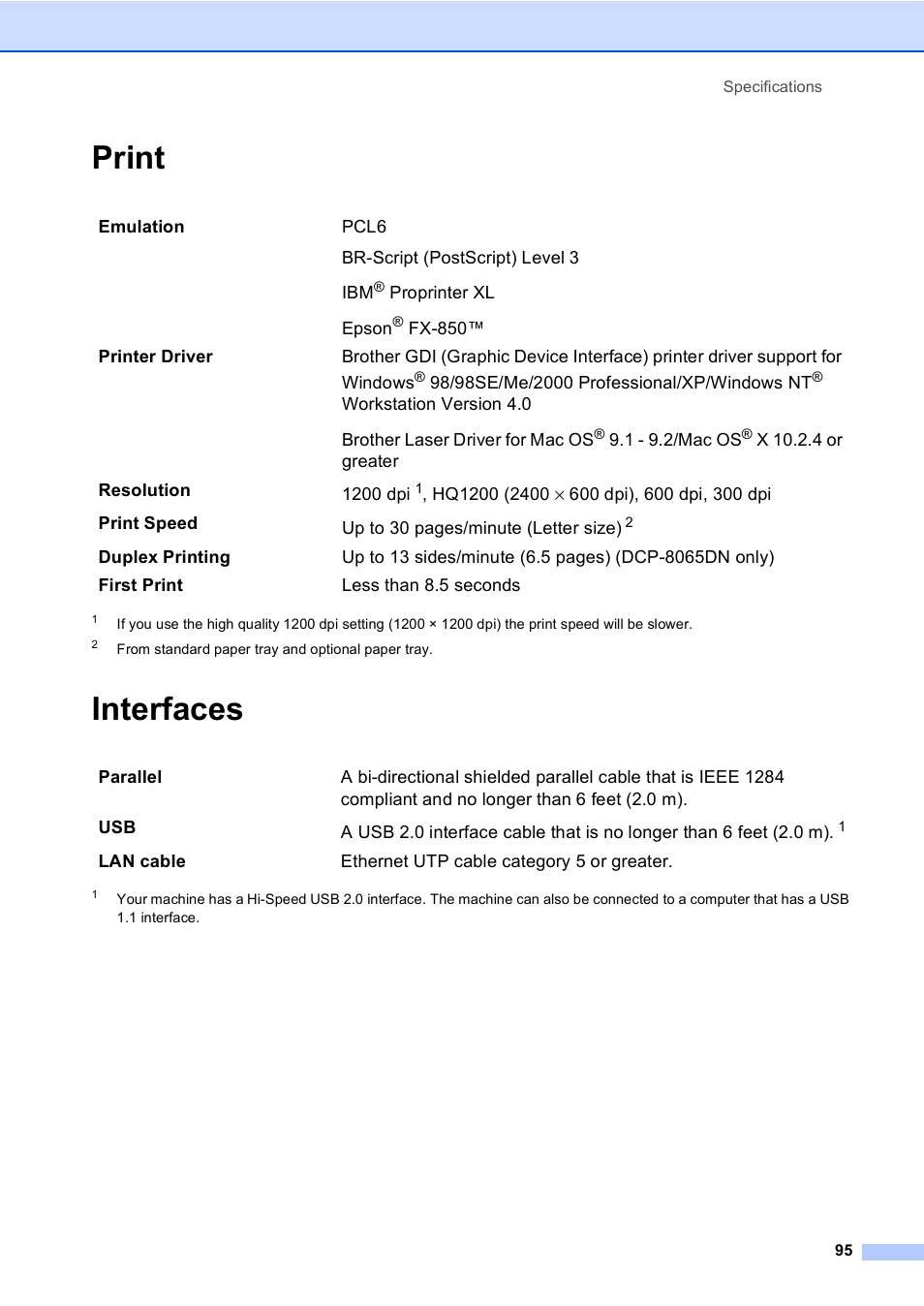 Print e, Interfaces e, Print interfaces | Print, Interfaces | Brother DCP 8060 User Manual | Page 107 / 116