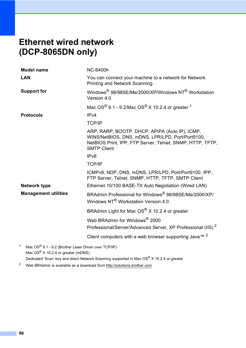 Ethernet wired network (dcp-8065dn only) e, Ethernet wired network (dcp-8065dn only) | Brother DCP 8060 User Manual | Page 110 / 116