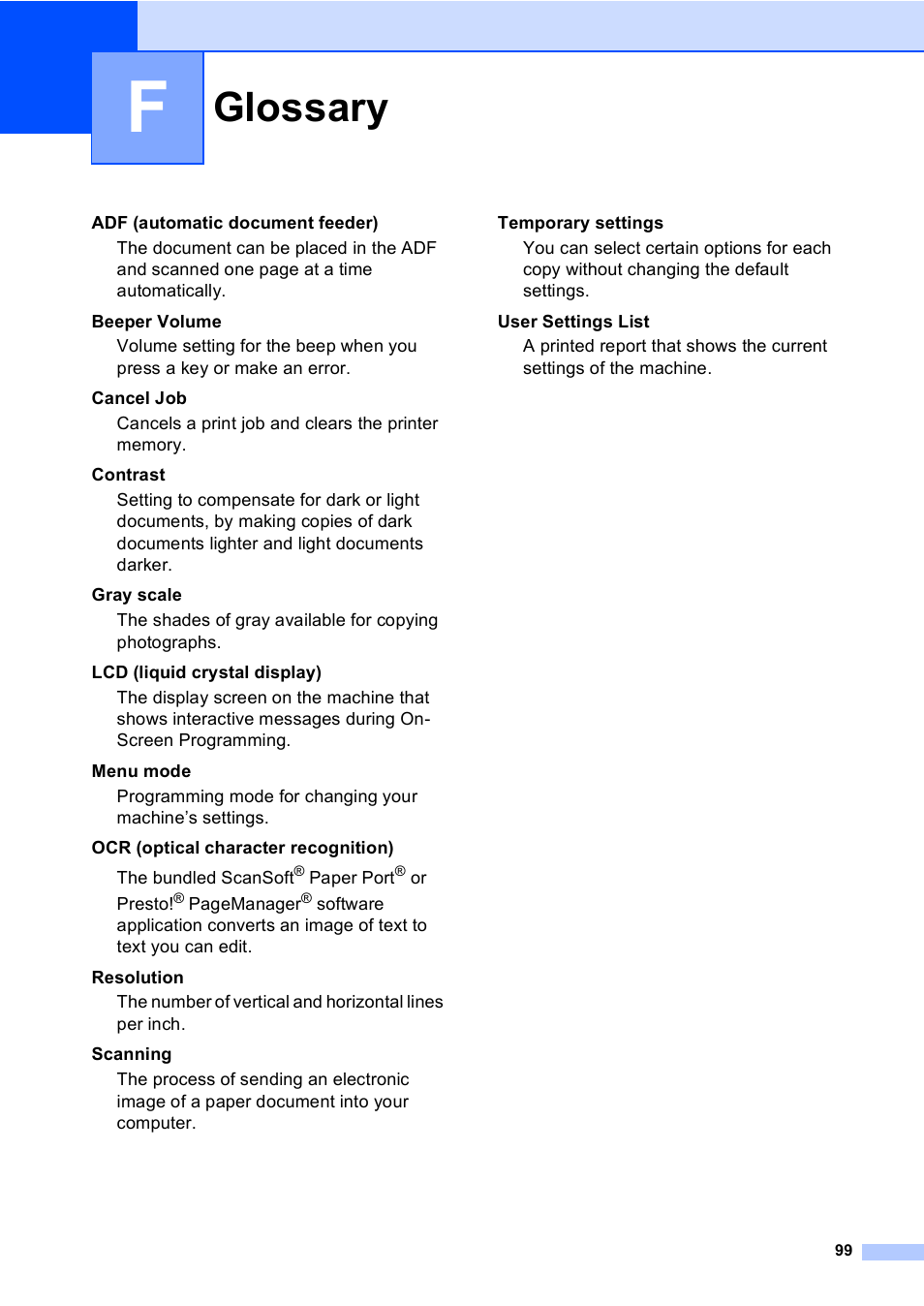 F glossary, Glossary | Brother DCP 8060 User Manual | Page 111 / 116