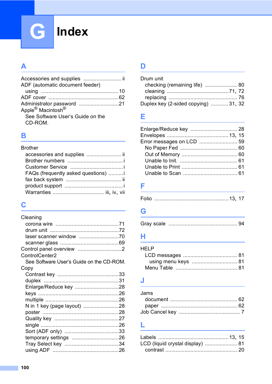 Index | Brother DCP 8060 User Manual | Page 112 / 116