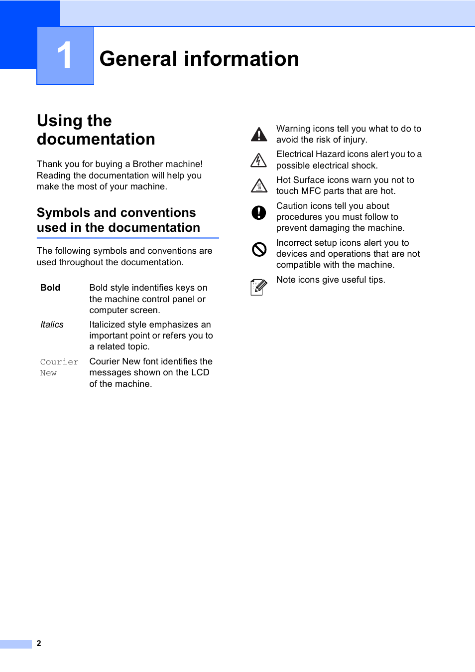 1 general information, Using the documentation, Symbols and conventions used in the documentation | General information | Brother DCP 8060 User Manual | Page 14 / 116