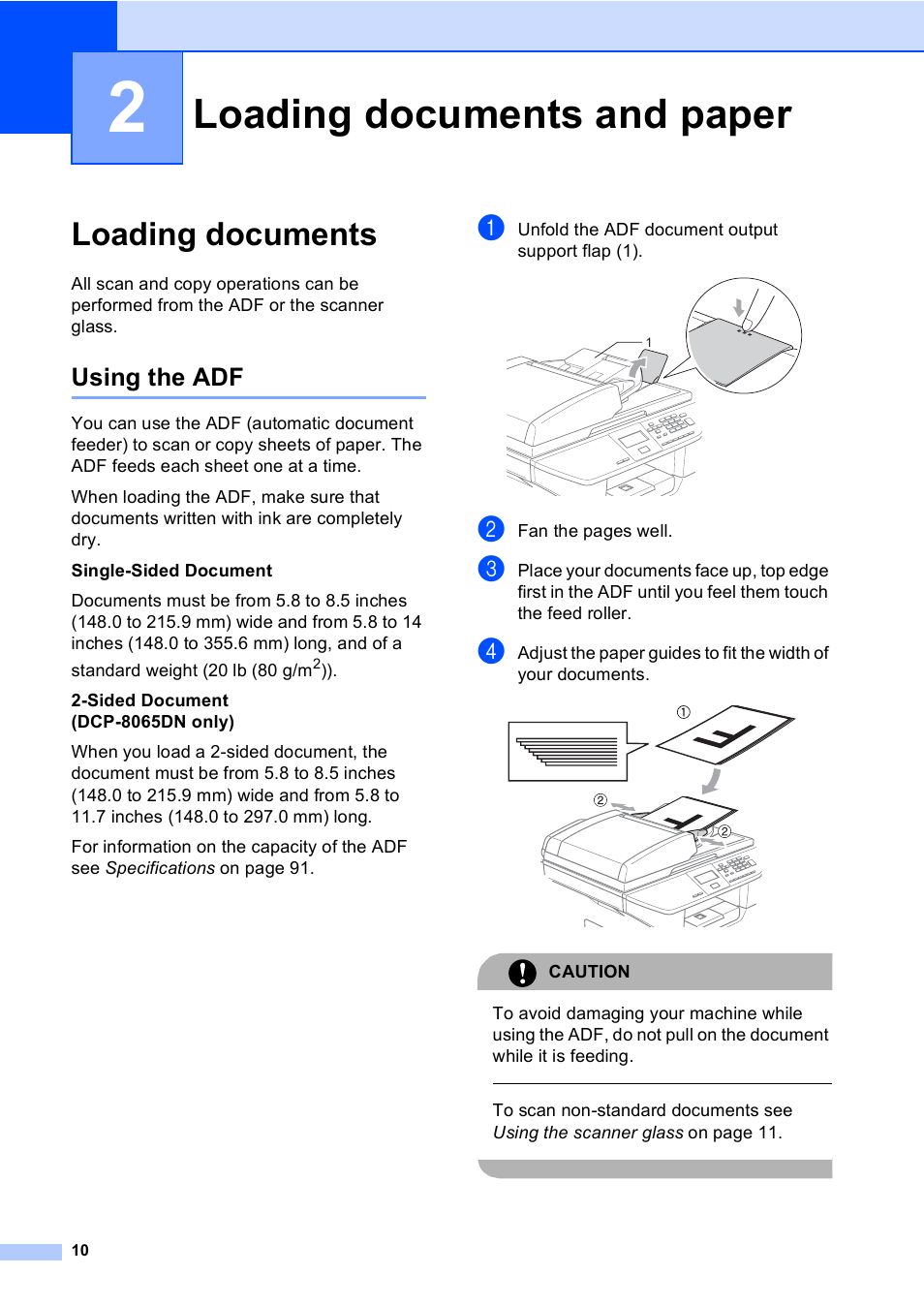 2 loading documents and paper, Loading documents, Using the adf | Loading documents and paper | Brother DCP 8060 User Manual | Page 22 / 116