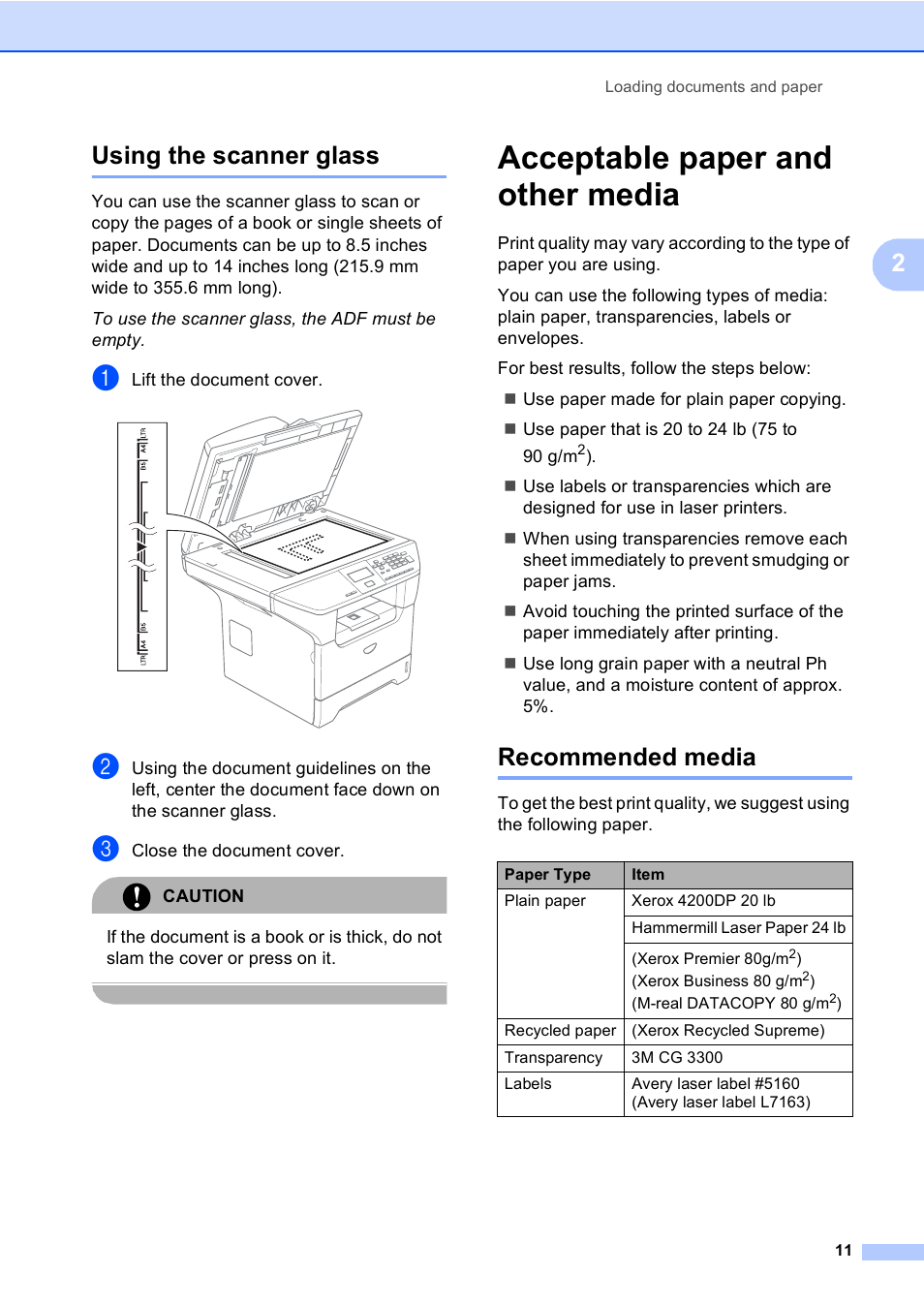 Using the scanner glass, Acceptable paper and other media, Recommended media | 2using the scanner glass | Brother DCP 8060 User Manual | Page 23 / 116