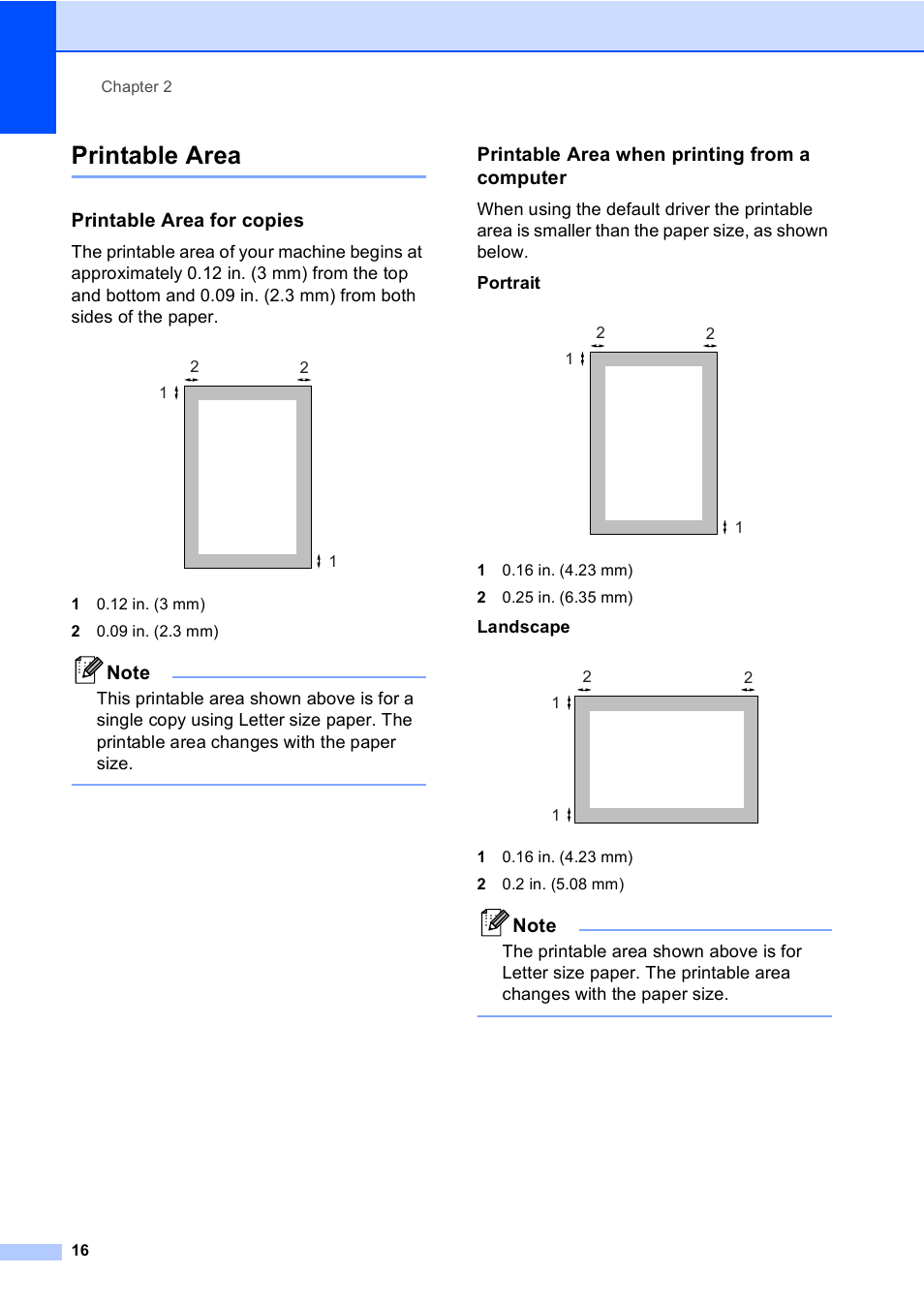 Printable area, Printable area for copies, Printable area when printing from a computer | Landscape | Brother DCP 8060 User Manual | Page 28 / 116