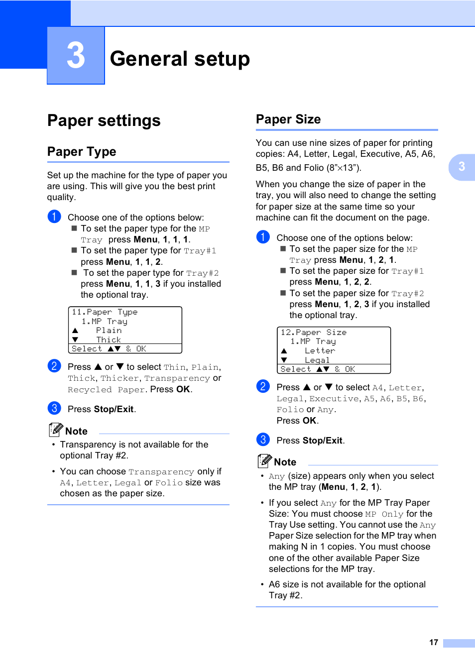 3 general setup, Paper settings, Paper type | Paper size, General setup, Paper type paper size | Brother DCP 8060 User Manual | Page 29 / 116