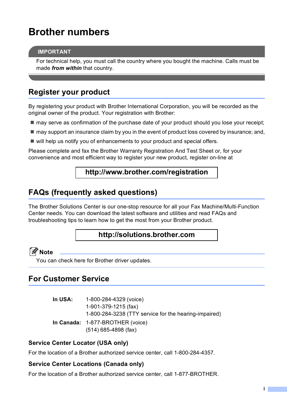 Brother numbers, Register your product, Faqs (frequently asked questions) | For customer service | Brother DCP 8060 User Manual | Page 3 / 116