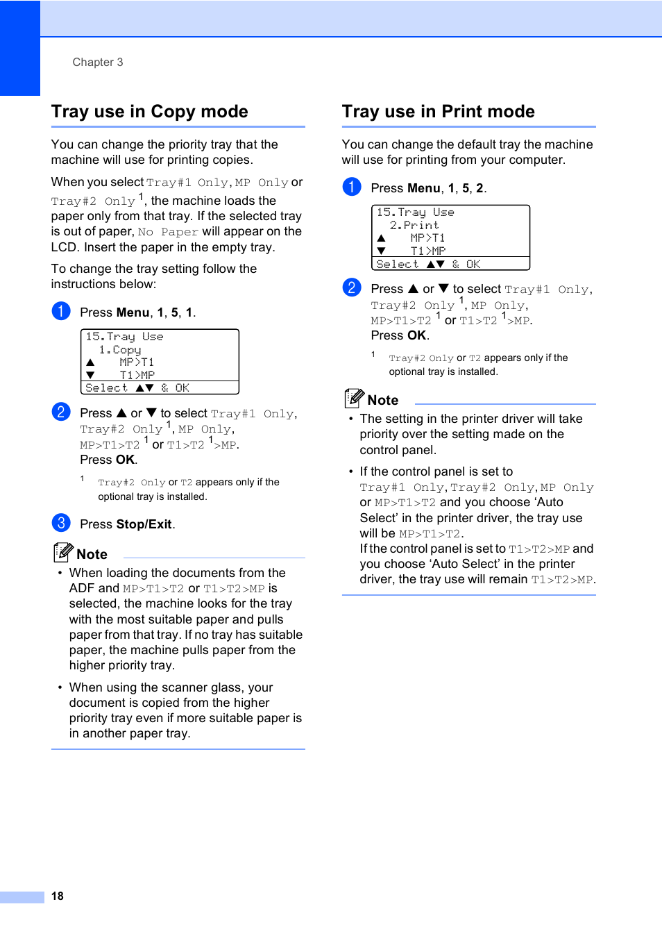Tray use in copy mode, Tray use in print mode, Tray use in copy mode tray use in print mode | Brother DCP 8060 User Manual | Page 30 / 116