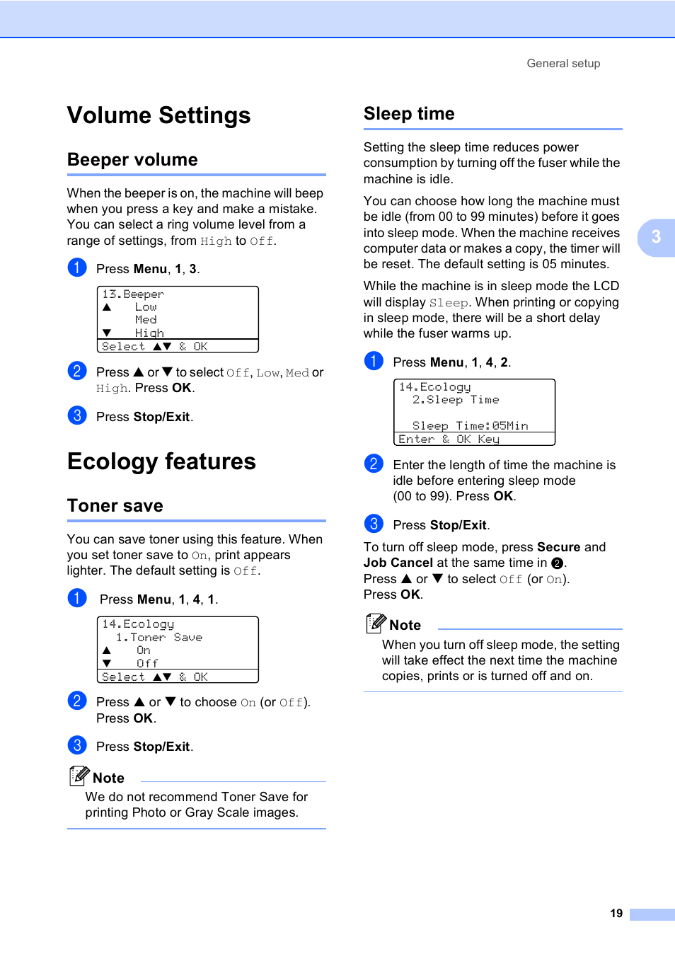 Volume settings, Beeper volume, Ecology features | Toner save, Sleep time, Toner save sleep time | Brother DCP 8060 User Manual | Page 31 / 116