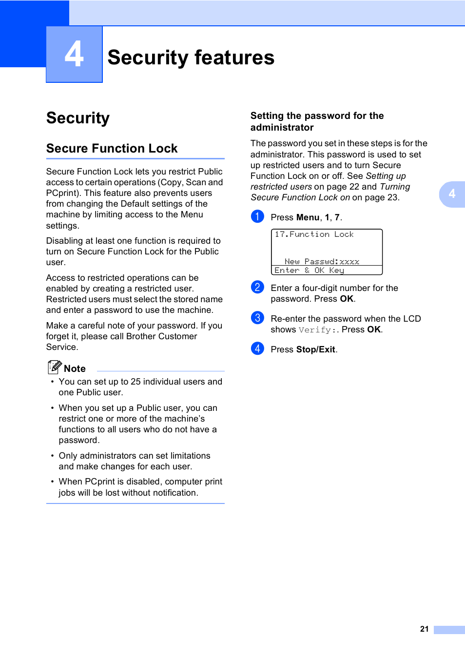 4 security features, Security, Secure function lock | Setting the password for the administrator, Security features | Brother DCP 8060 User Manual | Page 33 / 116
